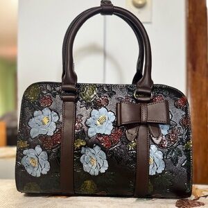 Chic Floral Embossed Satchel with Bow - Brown